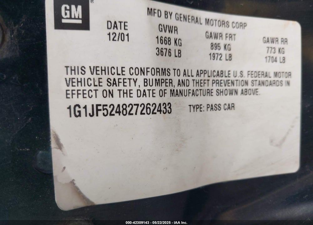 2002 CHEVROLET CAVALIER LS VIN: 1G1JF524827262433