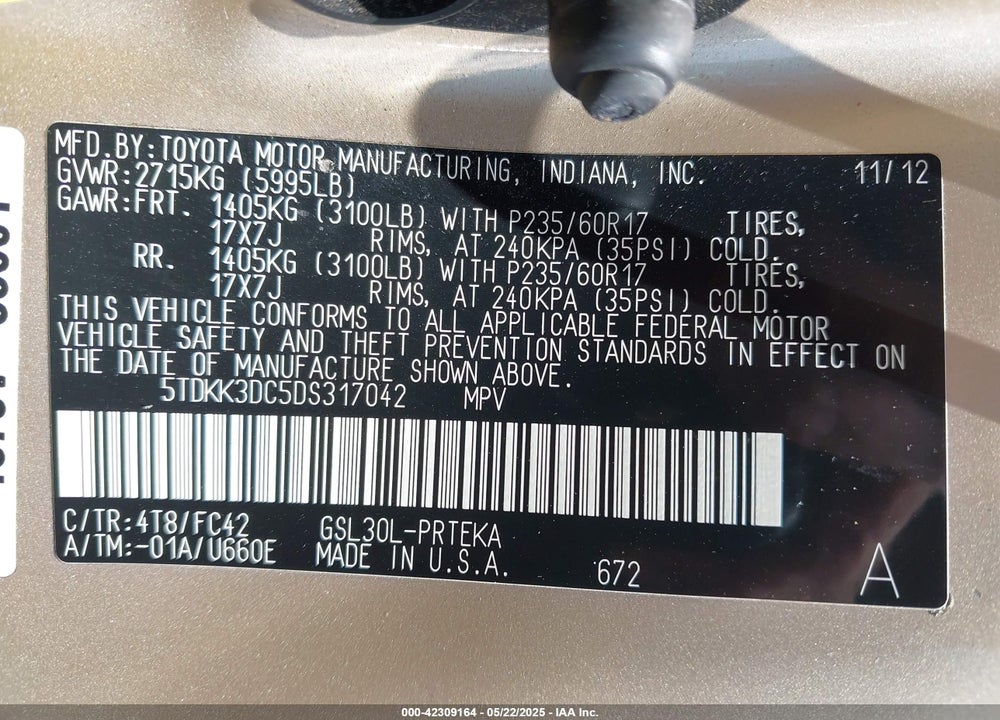 2013 TOYOTA SIENNA LE V6 7 PASSENGER AUTO ACCESS SEAT/LE V6 8 PASSENGER VIN: 5TDKK3DC5DS317042