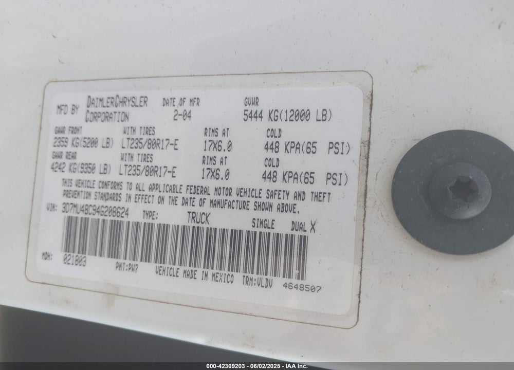 2004 DODGE RAM 3500 SLT/LARAMIE VIN: 3D7MU48C94G208624