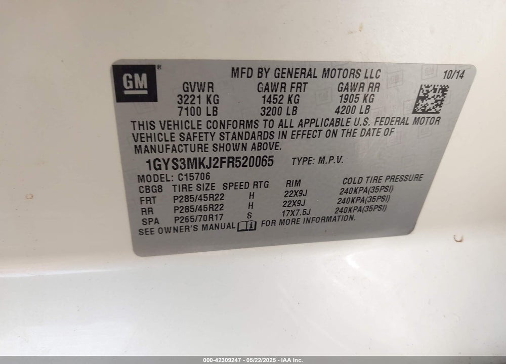 2015 CADILLAC ESCALADE VIN: 1GYS3MKJ2FR520065