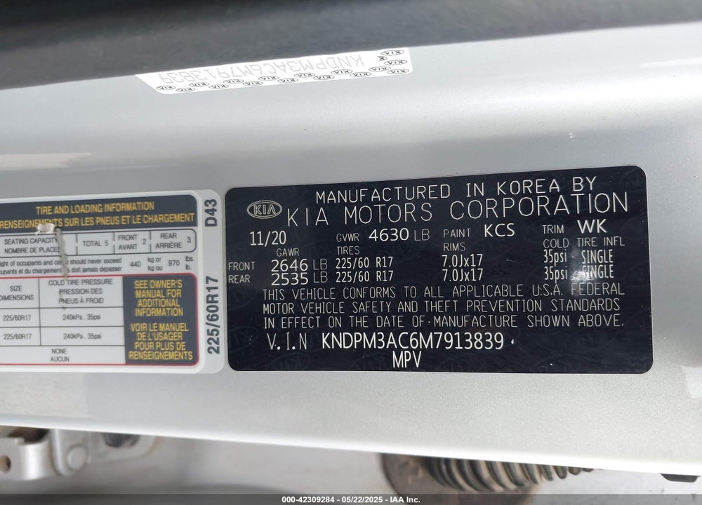 2021 KIA SPORTAGE VIN: KNDPM3AC6M7913839