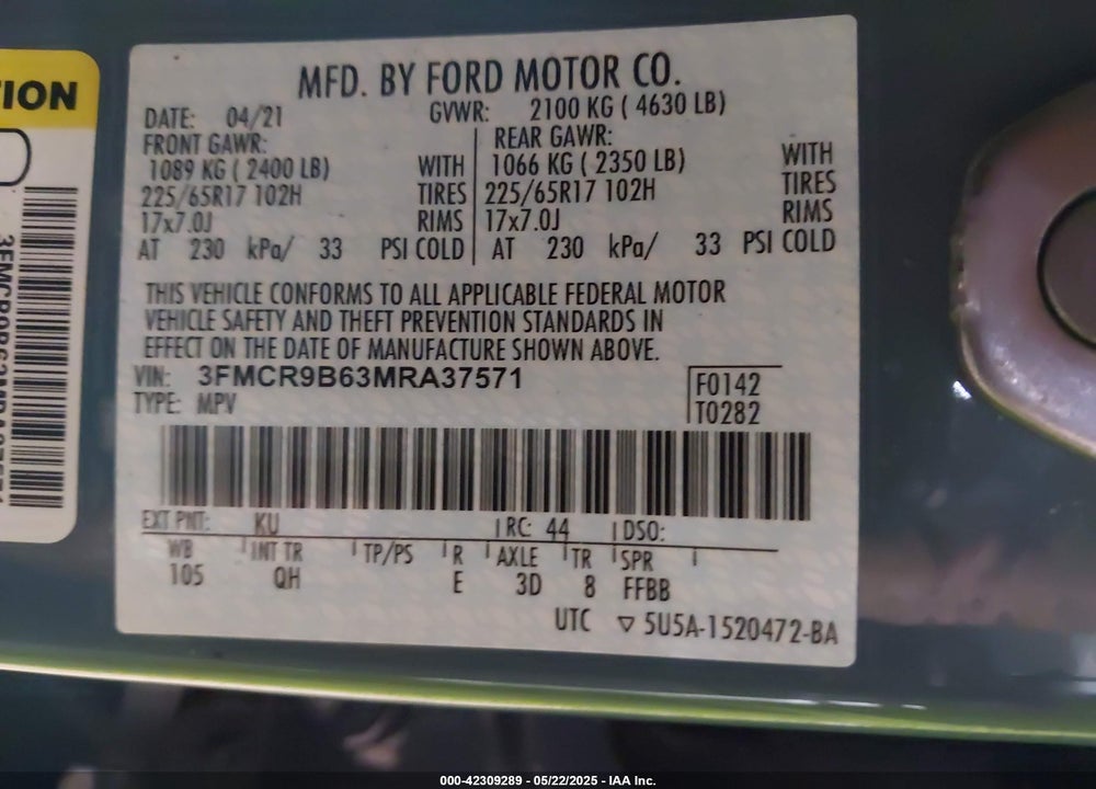 2021 FORD BRONCO SPORT VIN: 3FMCR9B63MRA37571