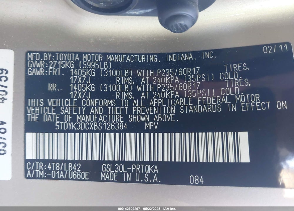 2011 TOYOTA SIENNA VIN: 5TDYK3DCXBS126384
