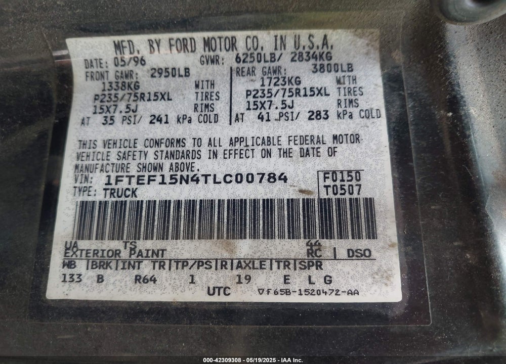 1996 FORD F150 VIN: 1FTEF15N4TLC00784