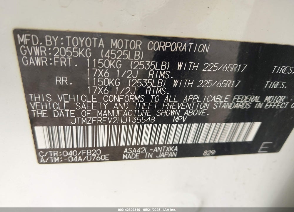 2017 TOYOTA RAV4 LE VIN: JTMZFREV2HJ135548