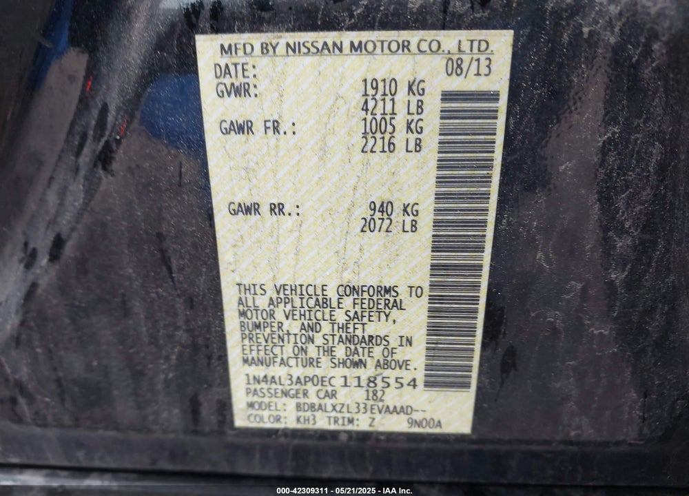 2014 NISSAN ALTIMA 2.5 SL VIN: 1N4AL3AP0EC118554