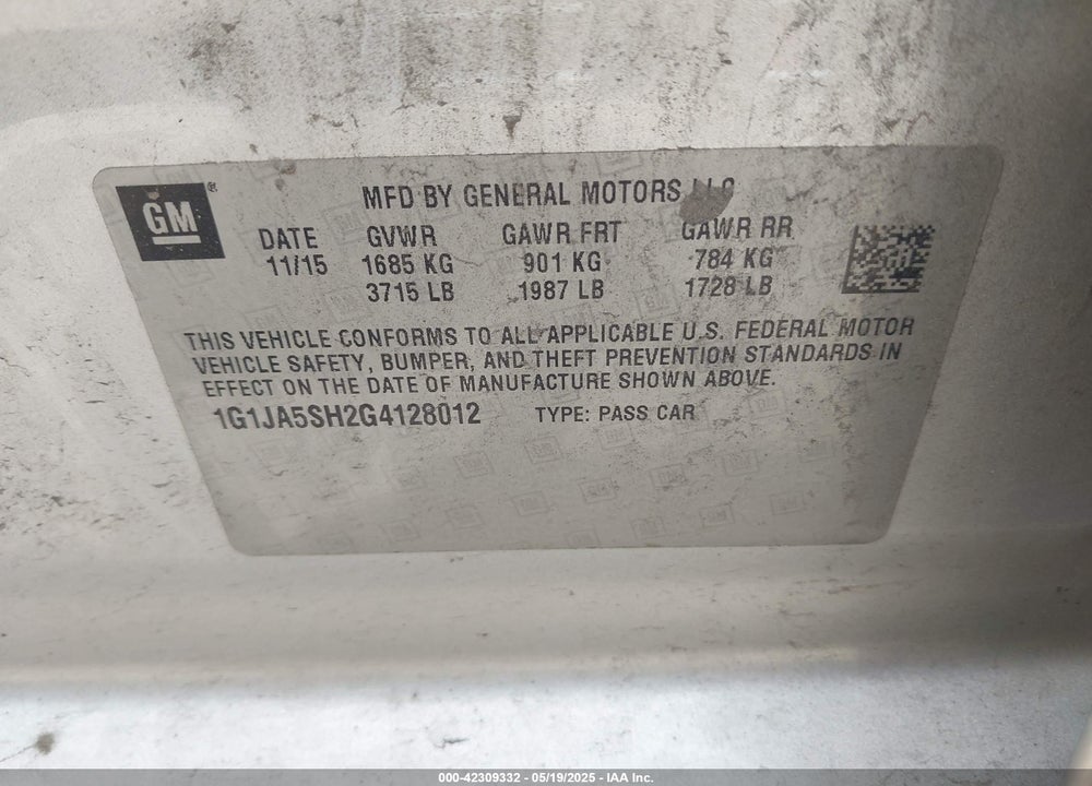 2016 CHEVROLET SONIC VIN: 1G1JA5SH2G4128012