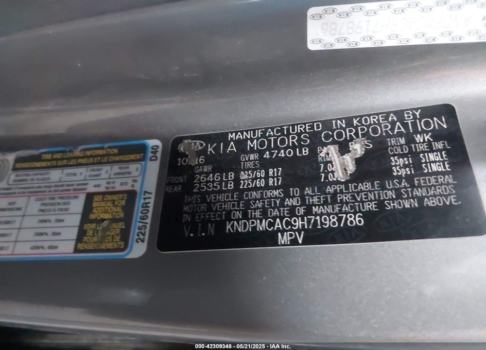 2017 KIA SPORTAGE VIN: KNDPMCAC9H7198786