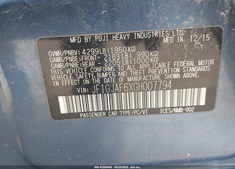 2016 SUBARU IMPREZA VIN: JF1GJAF6XGH007794