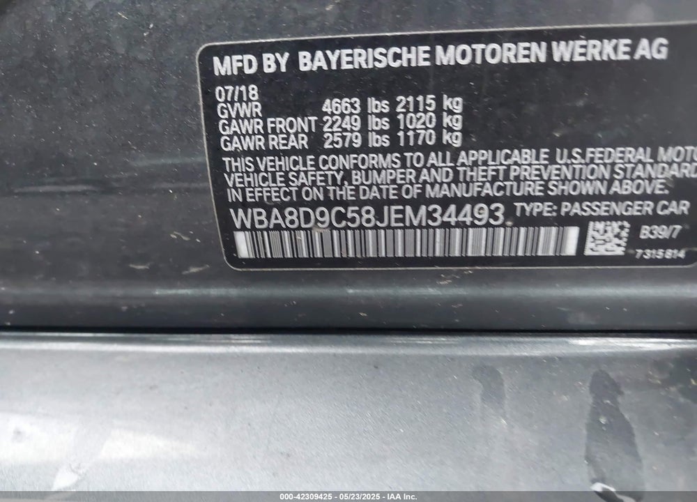 2018 BMW 330I VIN: WBA8D9C58JEM34493