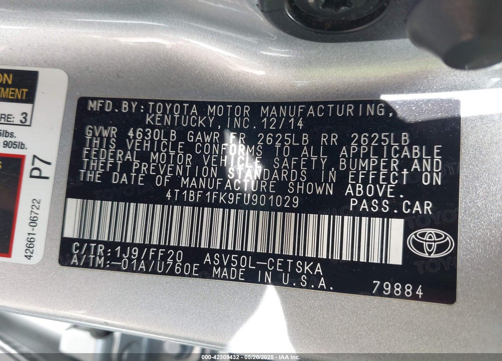 2015 TOYOTA CAMRY VIN: 4T1BF1FK9FU901029