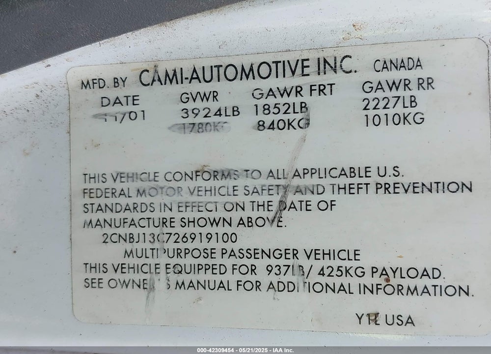 2002 CHEVROLET TRACKER HARD TOP BASE VIN: 2CNBJ13C726919100
