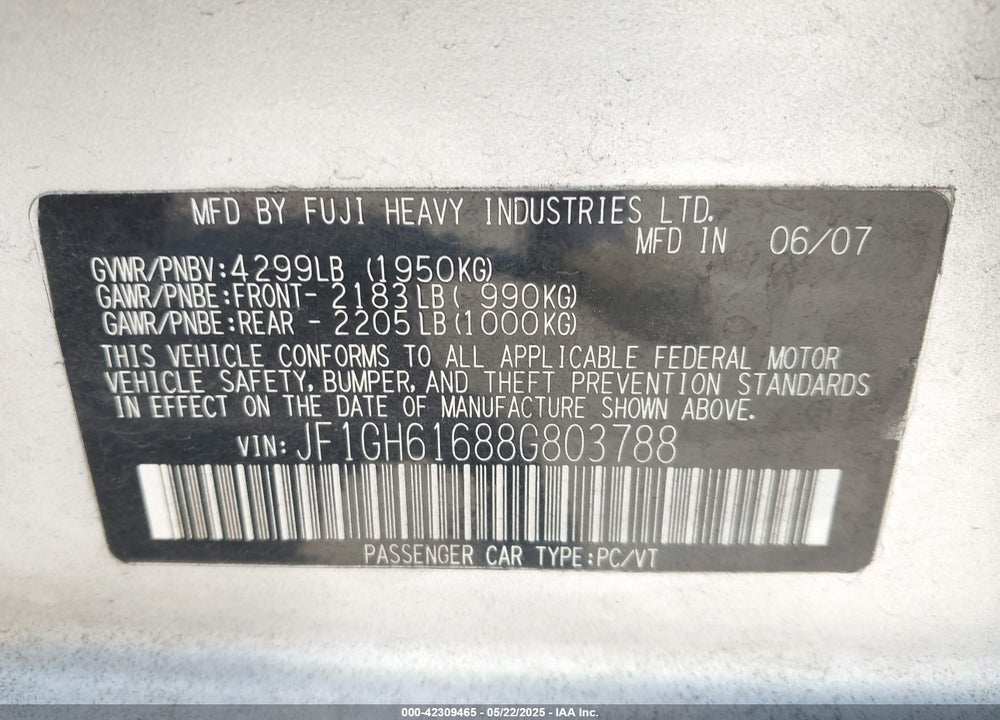 2008 SUBARU IMPREZA 2.5I VIN: JF1GH61688G803788