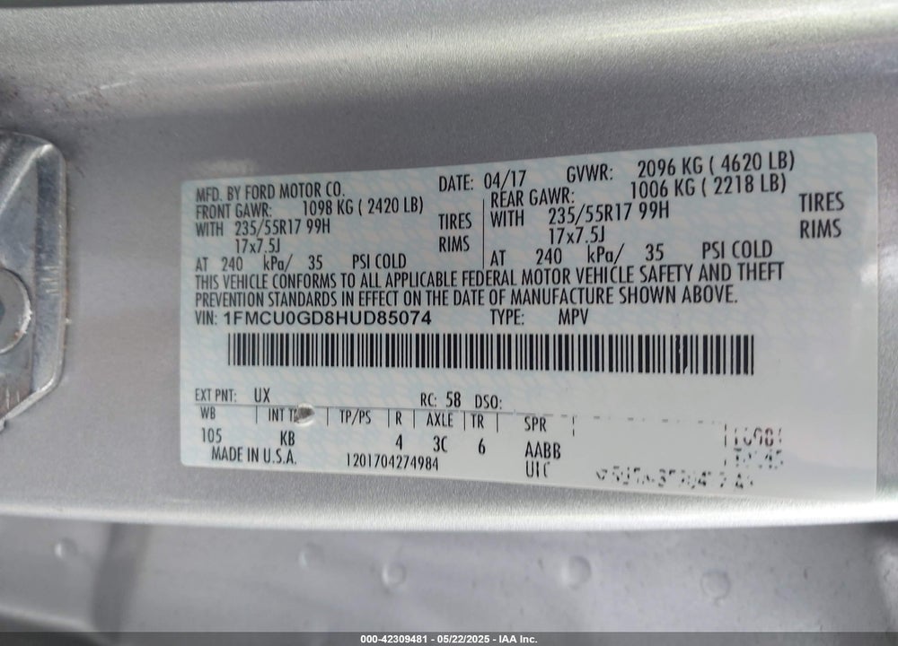 2017 FORD ESCAPE SE VIN: 1FMCU0GD8HUD85074