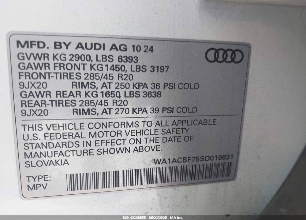 2025 AUDI Q7 PREMIUM 45 TFSI QUATTRO TIPTRONIC VIN: WA1ACBF75SD019631