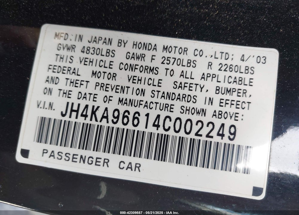2004 ACURA RL 3.5 VIN: JH4KA96614C002249