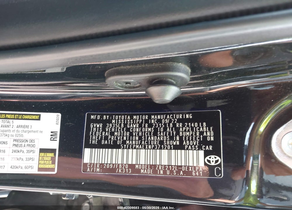 2022 TOYOTA COROLLA VIN: 5YFEPMAEXNP371201