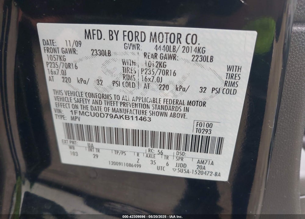 2010 FORD ESCAPE VIN: 1FMCU0D79AKB11463