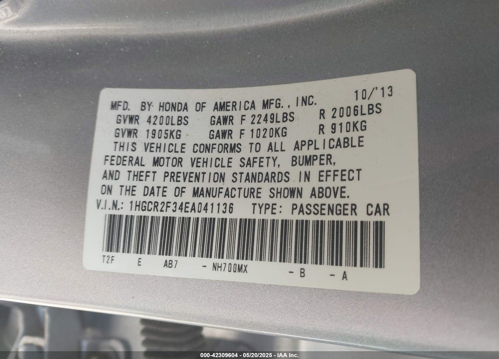 2014 HONDA ACCORD LX VIN: 1HGCR2F34EA041136