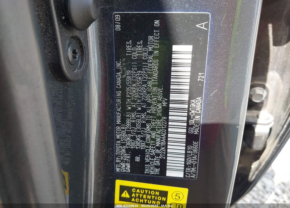 2010 LEXUS RX 350 VIN: 2T2ZK1BA4AC012278