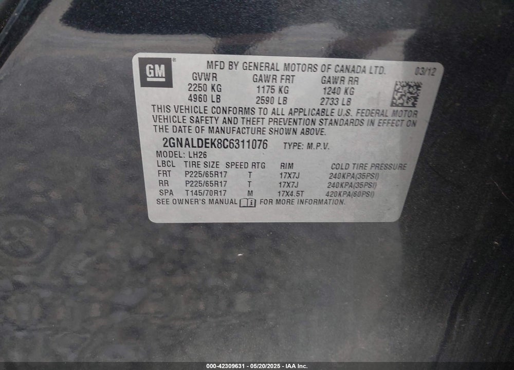 2012 CHEVROLET EQUINOX VIN: 2GNALDEK8C6311076