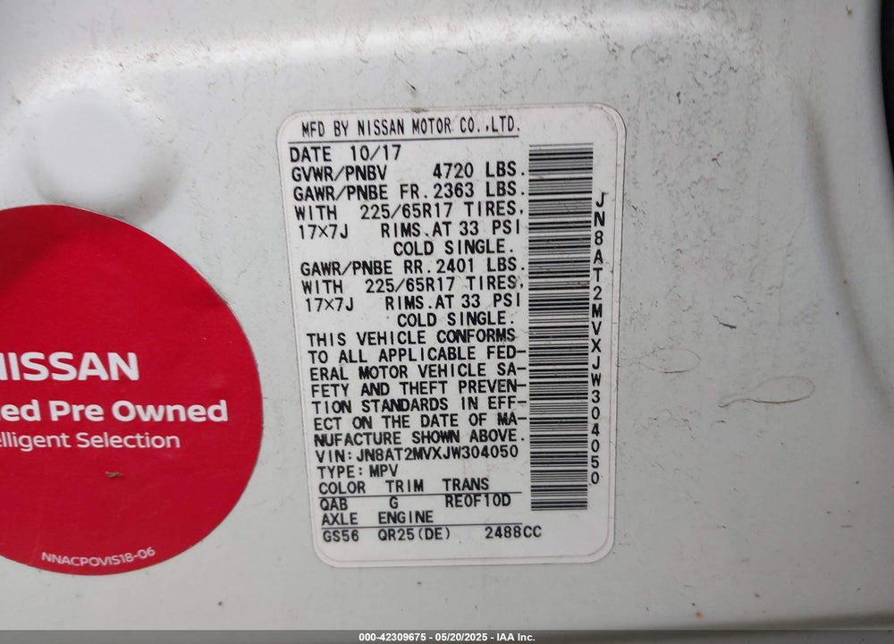 2018 NISSAN ROGUE VIN: JN8AT2MVXJW304050