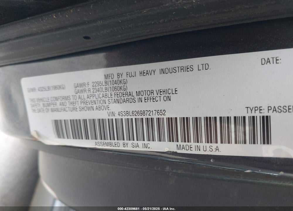 2008 SUBARU LEGACY VIN: 4S3BL626987217652