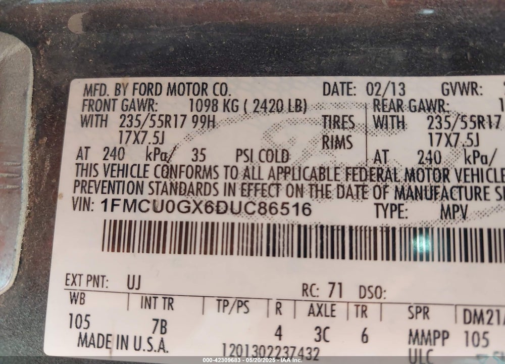 2013 FORD ESCAPE SE VIN: 1FMCU0GX6DUC86516