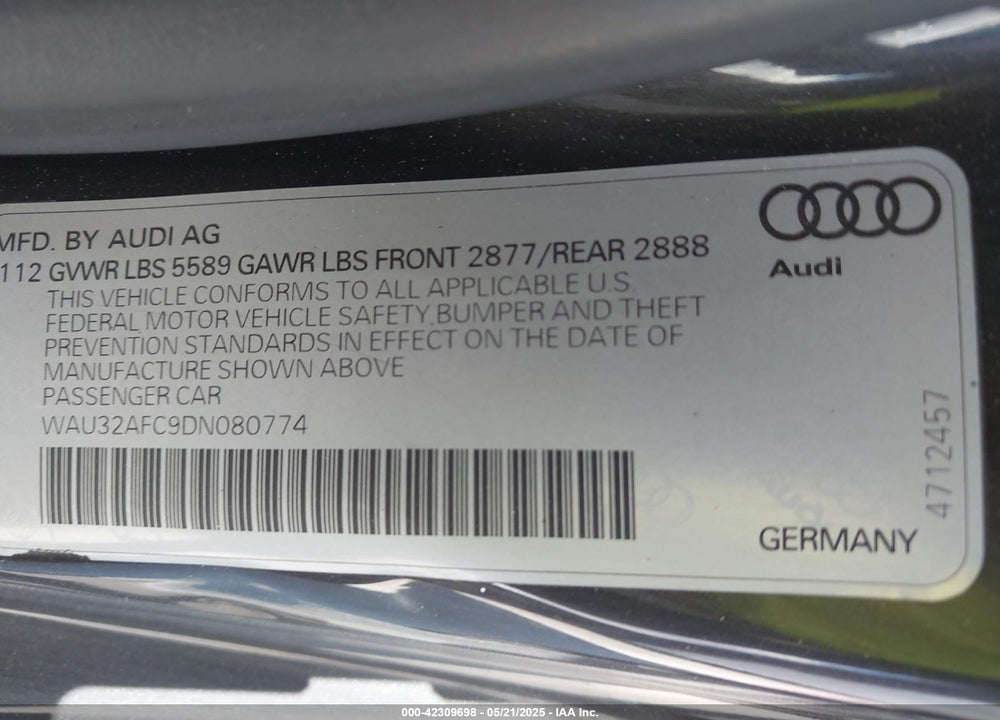 2013 AUDI S7/RS7 VIN: WAU32AFC9DN080774