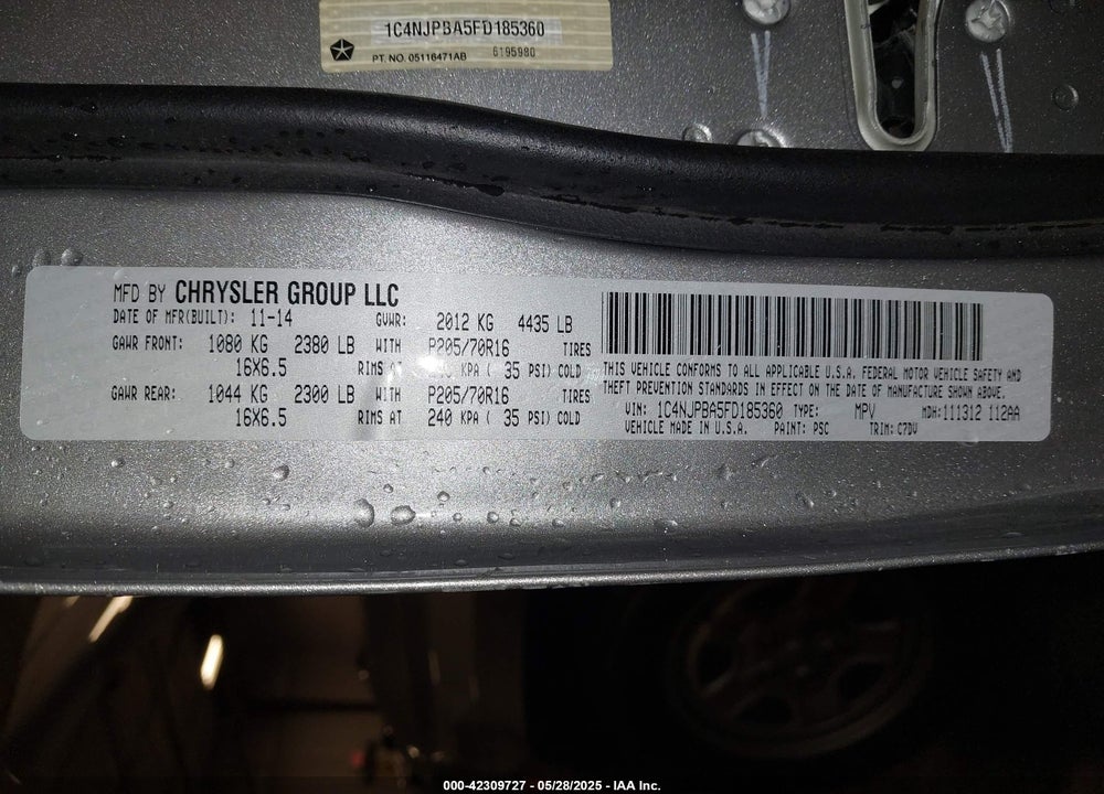 2015 JEEP PATRIOT VIN: 1C4NJPBA5FD185360