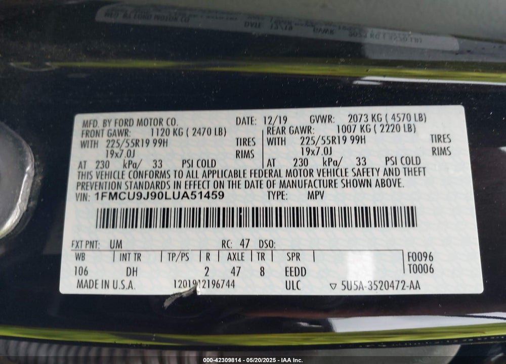 2020 FORD ESCAPE TITANIUM VIN: 1FMCU9J90LUA51459