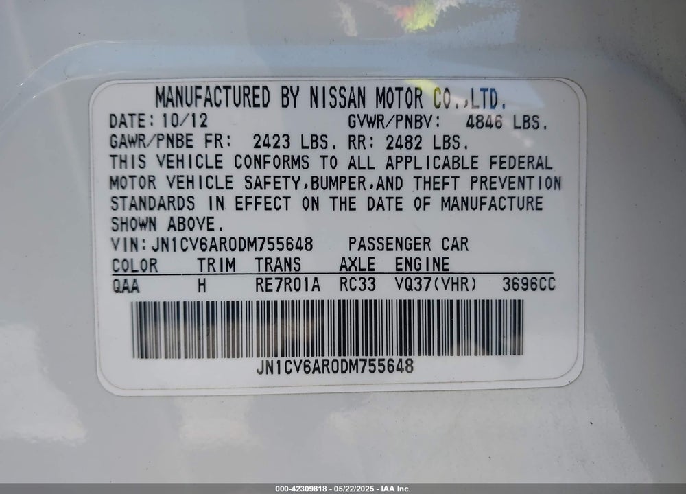 2013 INFINITI G37 VIN: JN1CV6AR0DM755648