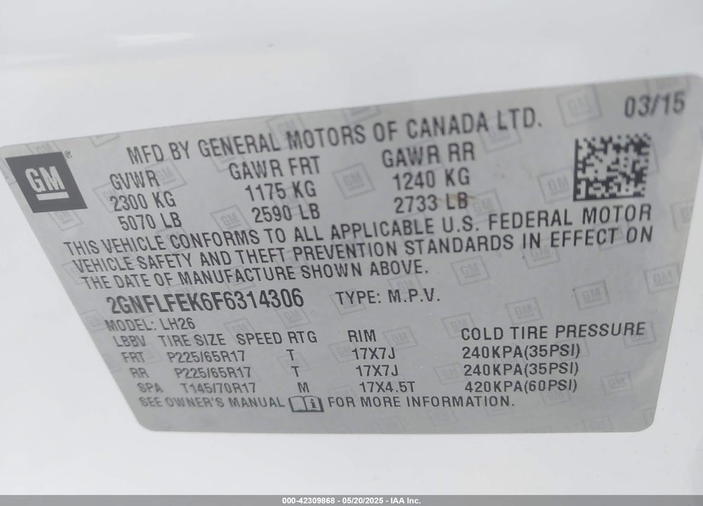 2015 CHEVROLET EQUINOX VIN: 2GNFLFEK6F6314306