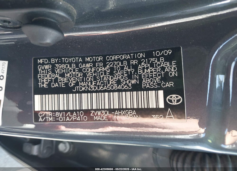 2010 TOYOTA PRIUS VIN: JTDKN3DU6A5084063