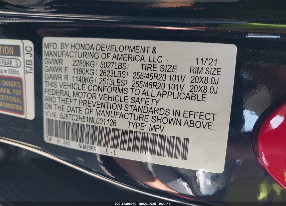 2022 ACURA RDX VIN: 5J8TC2H81NL001126