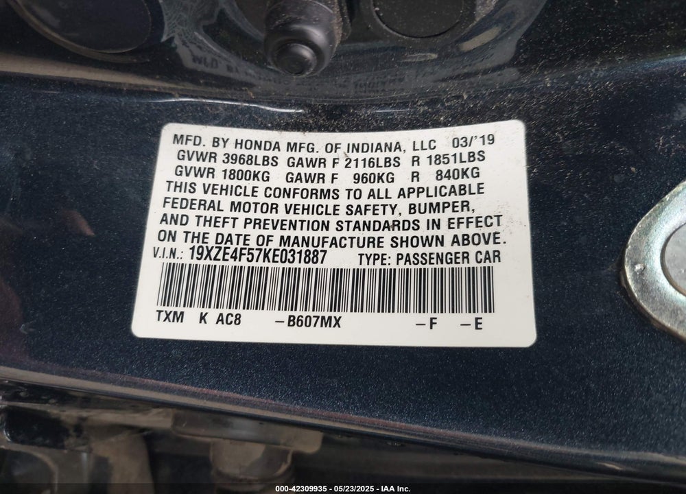 2019 HONDA INSIGHT EX VIN: 19XZE4F57KE031887