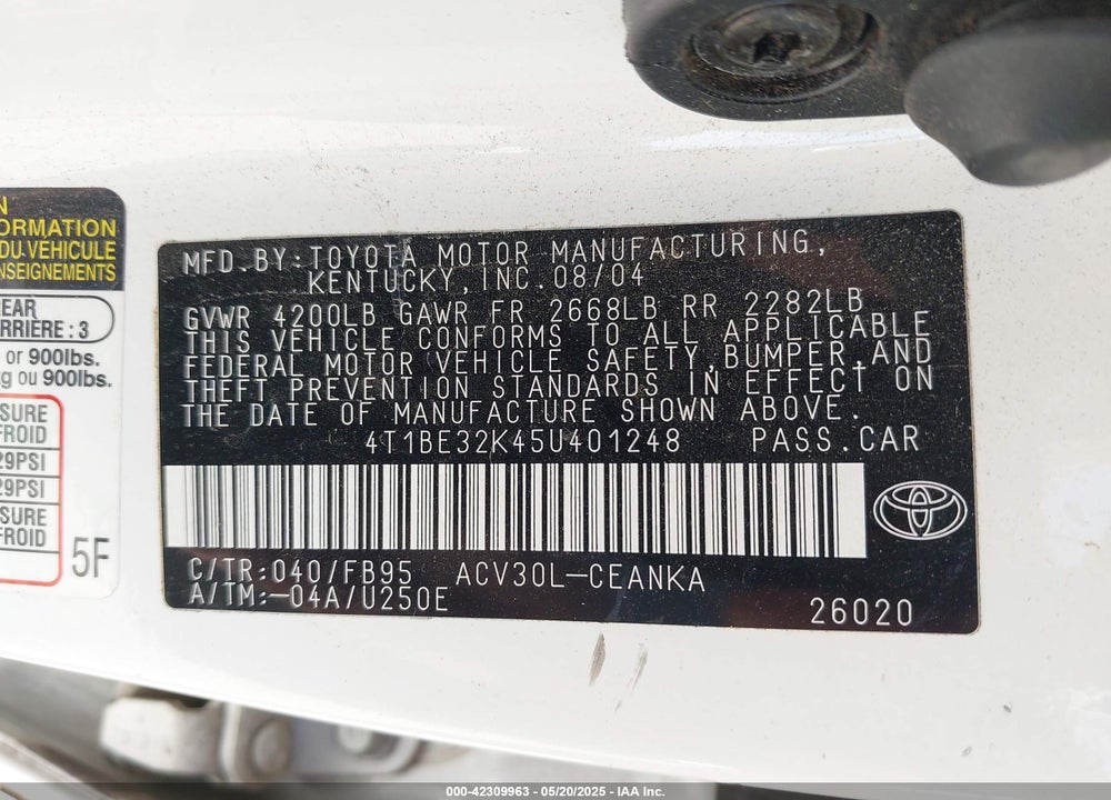 2005 TOYOTA CAMRY LE VIN: 4T1BE32K45U401248