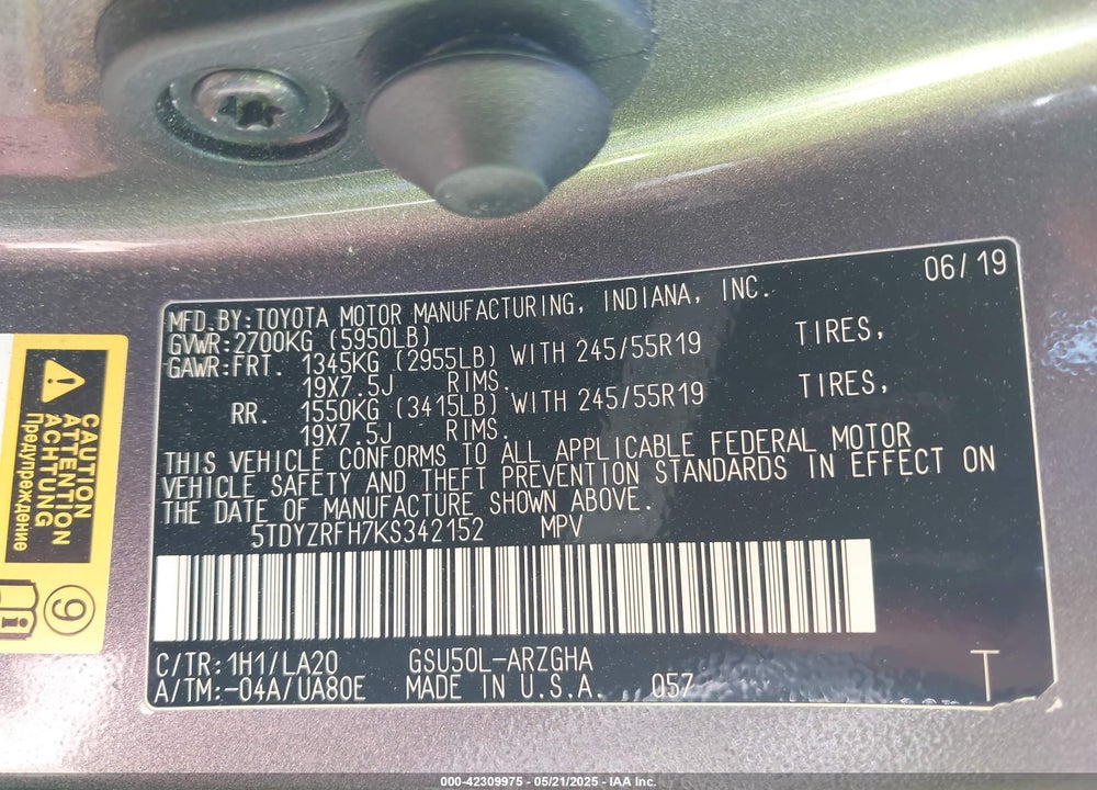 2019 TOYOTA HIGHLANDER LIMITED/PLATINUM VIN: 5TDYZRFH7KS342152