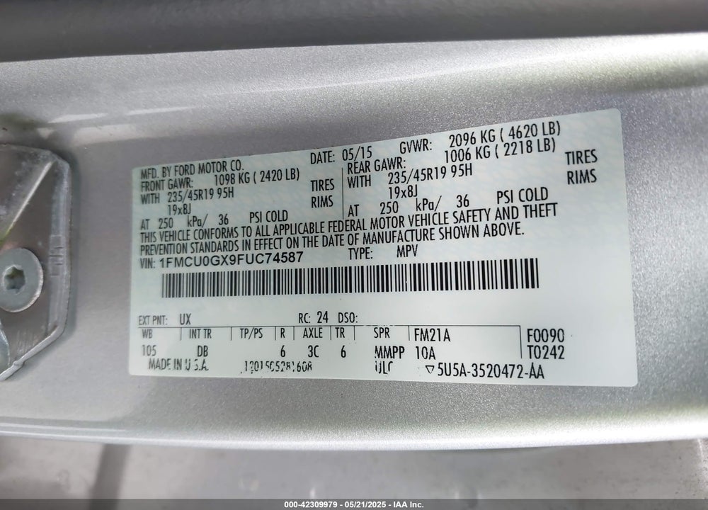 2015 FORD ESCAPE SE VIN: 1FMCU0GX9FUC74587