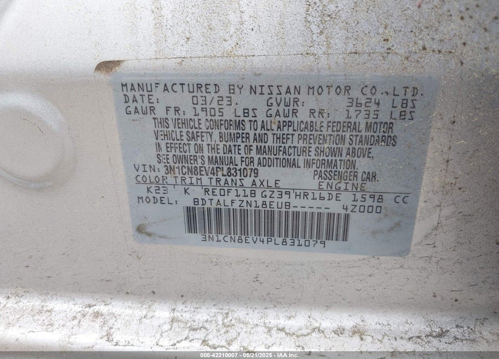 2023 NISSAN VERSA VIN: 3N1CN8EV4PL831079