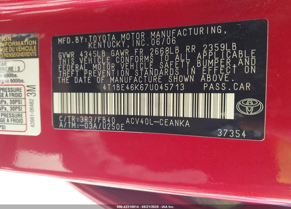 2007 TOYOTA CAMRY LE VIN: 4T1BE46K67U045713