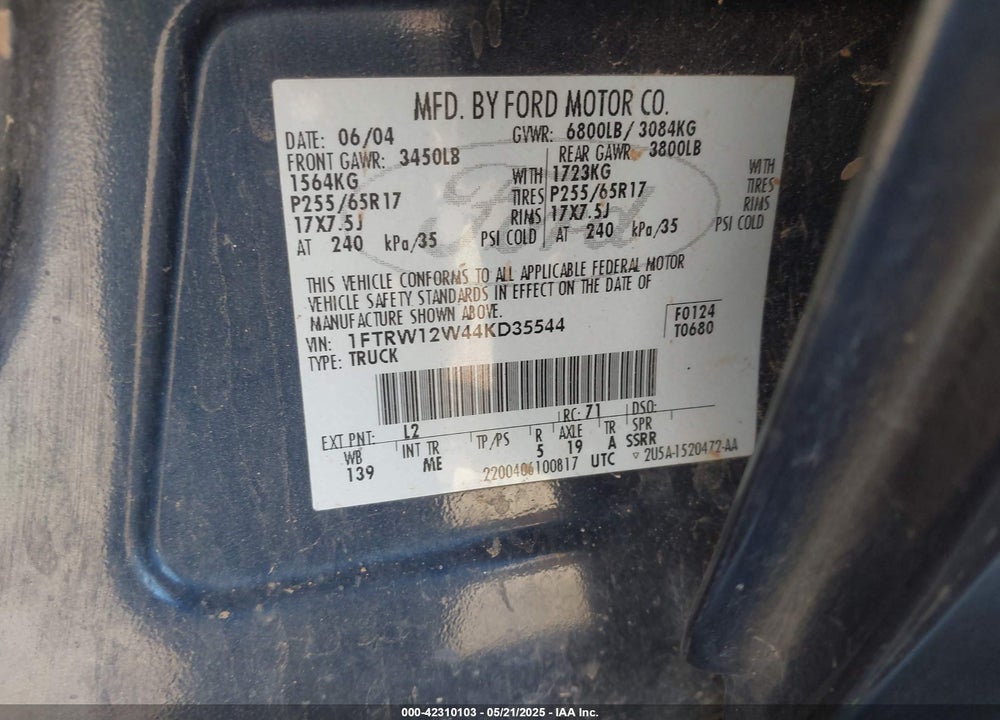 2004 FORD F-150 XLT VIN: 1FTRW12W44KD35544