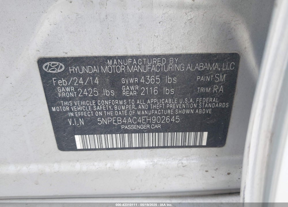 2014 HYUNDAI SONATA VIN: 5NPEB4AC4EH902645