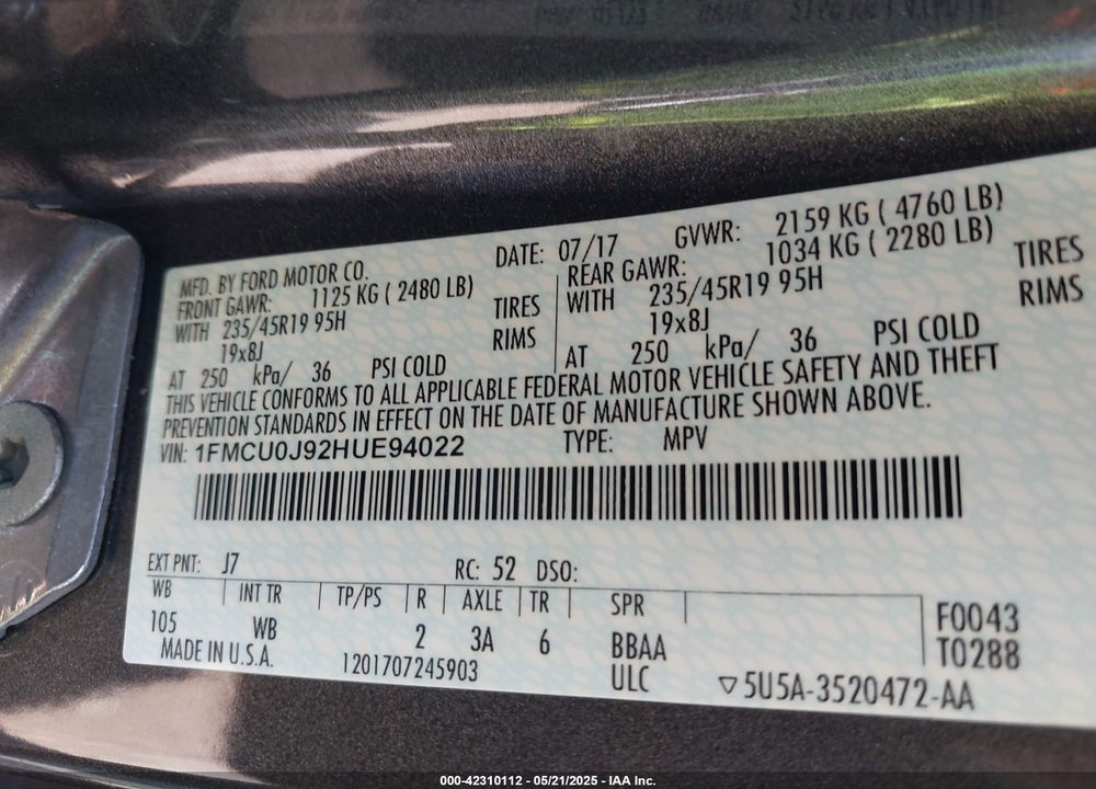 2017 FORD ESCAPE VIN: 1FMCU0J92HUE94022