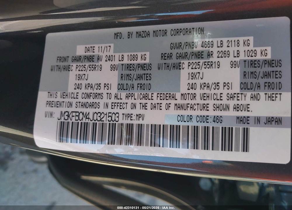 2018 MAZDA CX-5 VIN: JM3KFBCM4J0321503