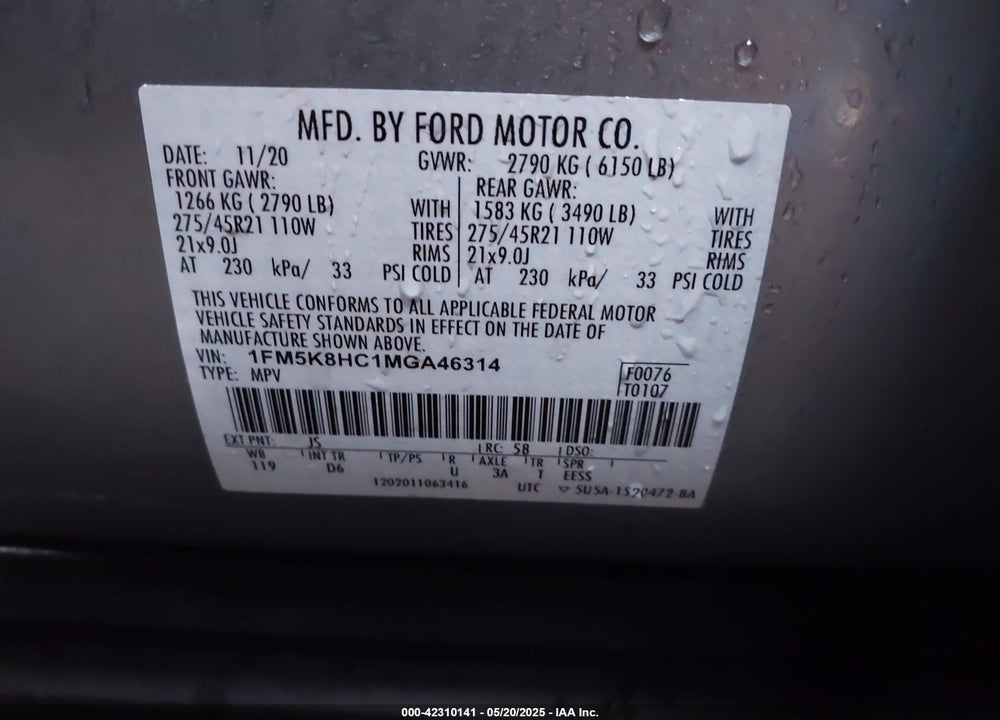 2021 FORD EXPLORER VIN: 1FM5K8HC1MGA46314