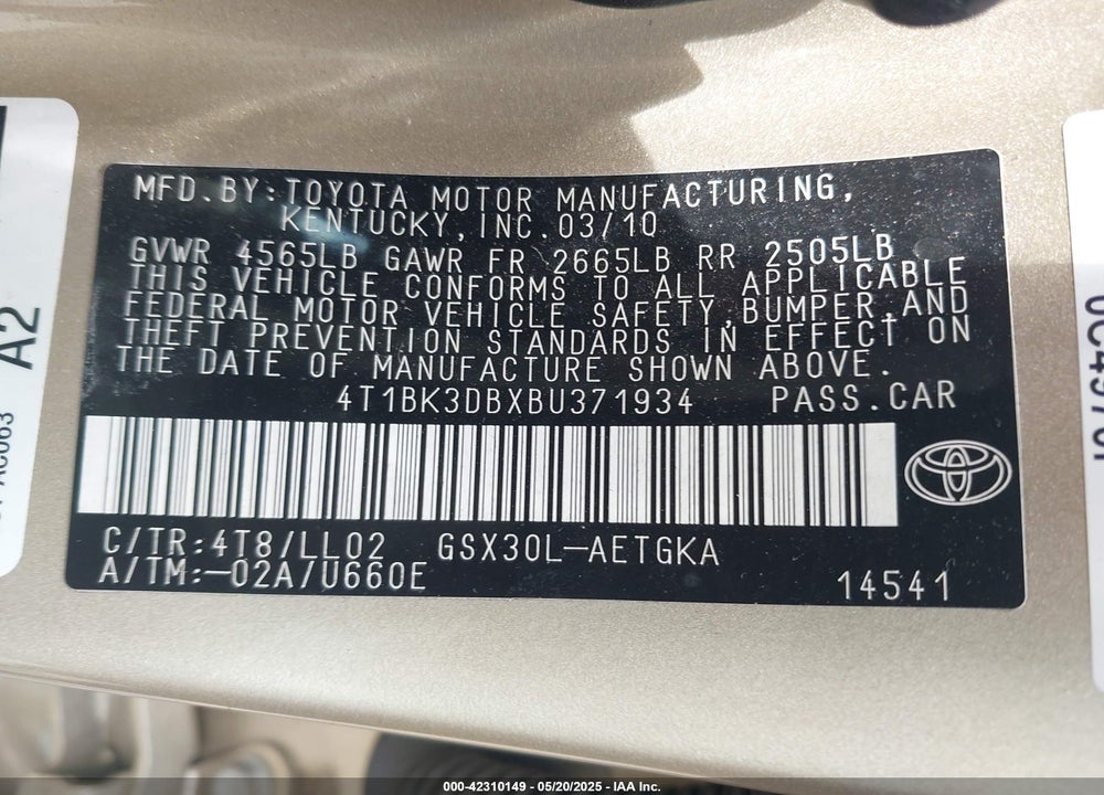 2011 TOYOTA AVALON VIN: 4T1BK3DBXBU371934