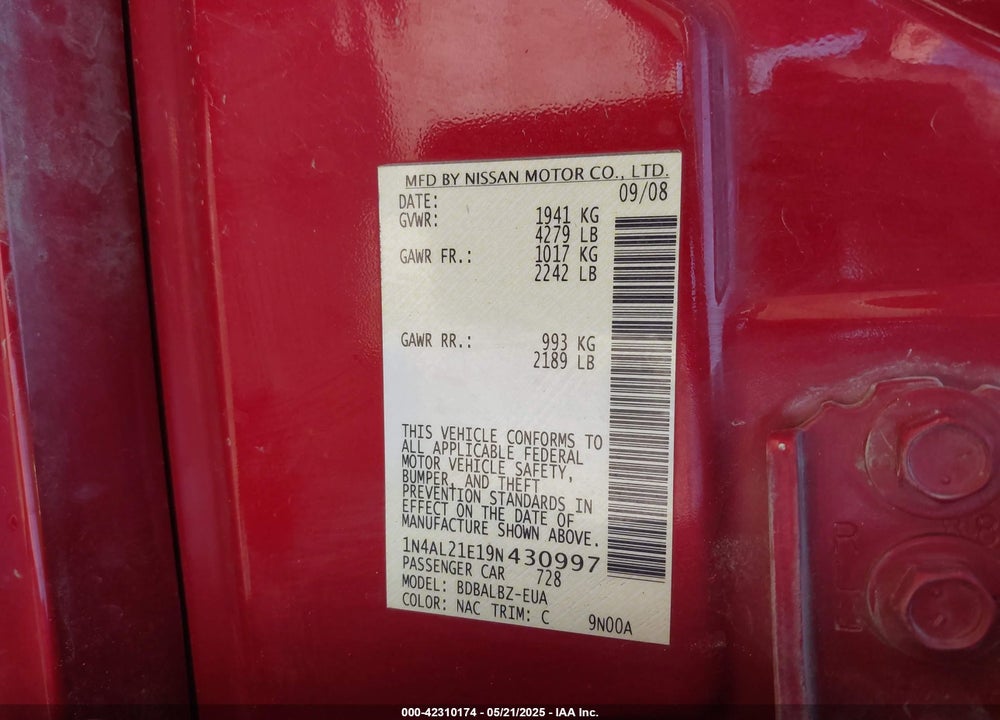 2009 NISSAN ALTIMA 2.5 S VIN: 1N4AL21E19N430997
