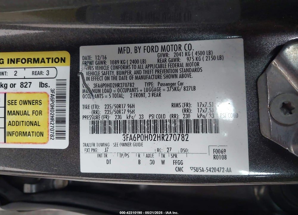 2017 FORD FUSION VIN: 3FA6P0HD2HR270782