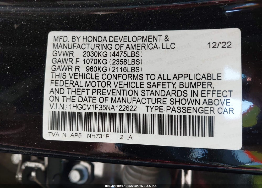 2022 HONDA ACCORD VIN: 1HGCV1F35NA122622